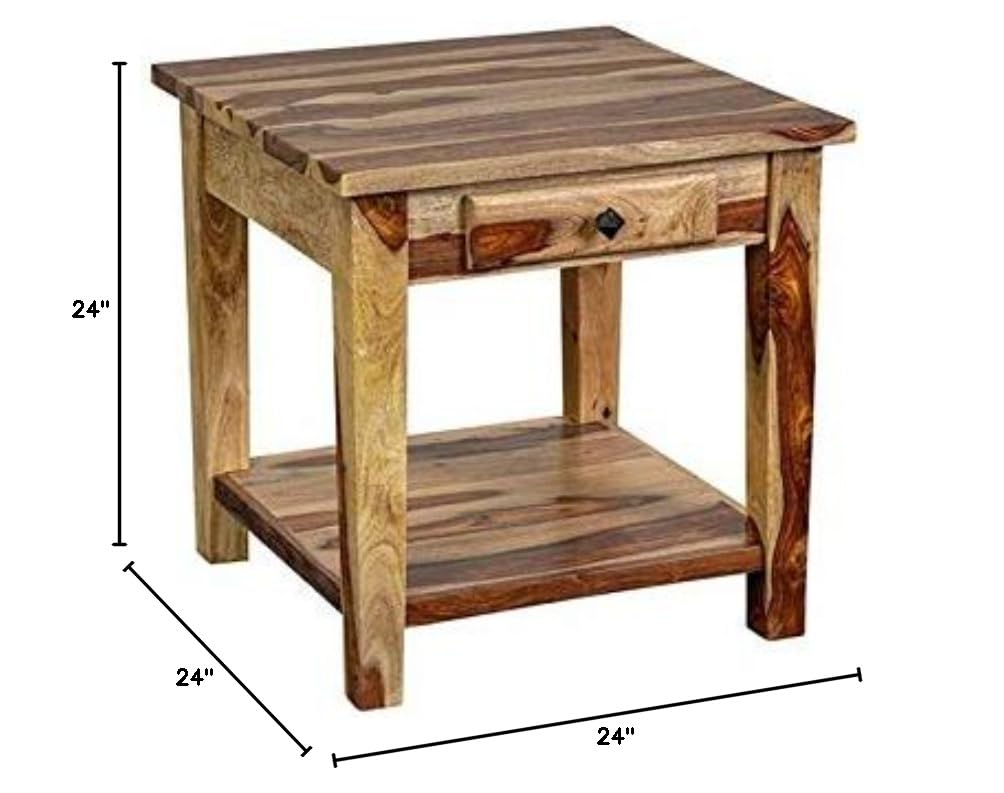 Solid Sheesham Wood End Table with Drawer I7024