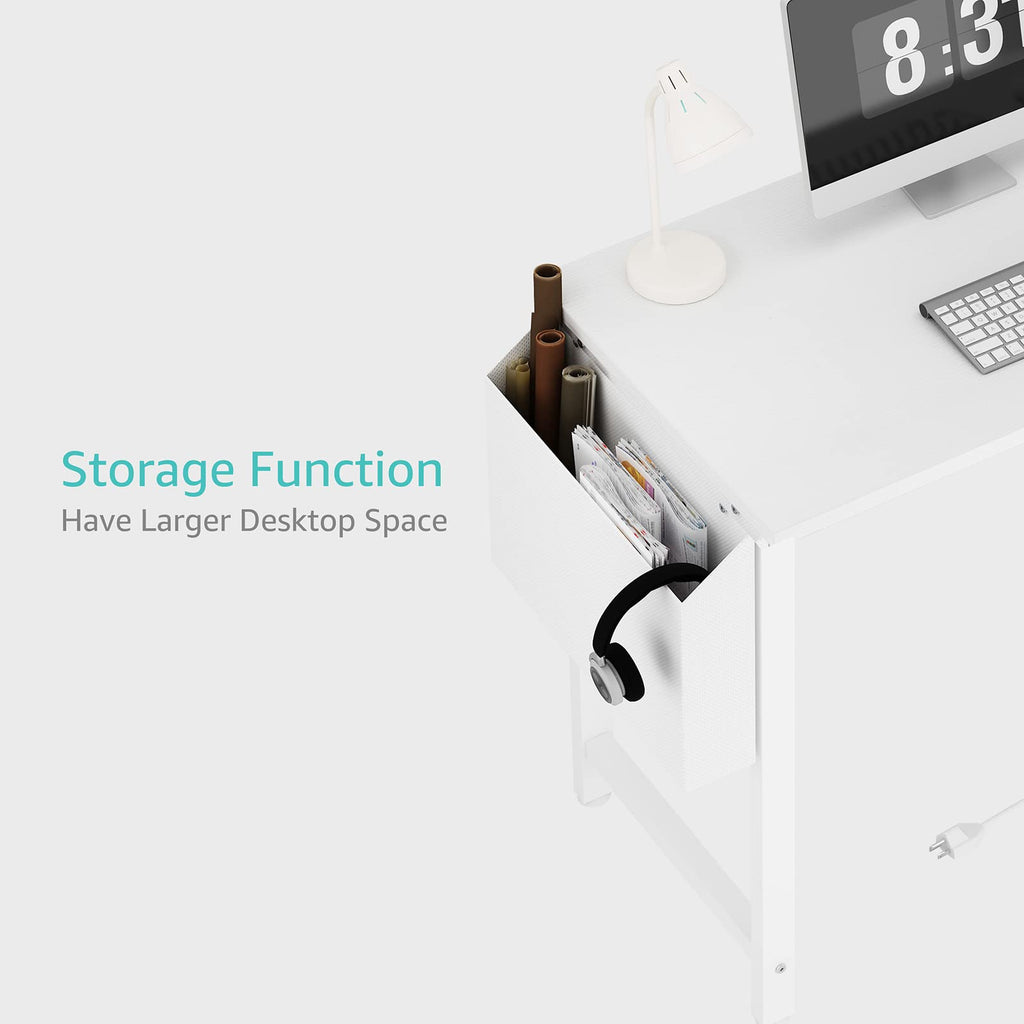 White 40 inch Computer Desk with Power Outlet and Storage Pocket X61234