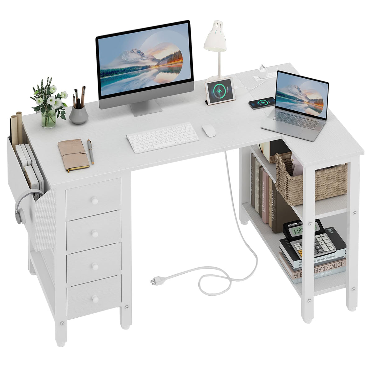White L Shaped Computer Desk with Drawers and Storage Shelves, 47 Inch Reversible Corner Desk with Power Outlet K77526
