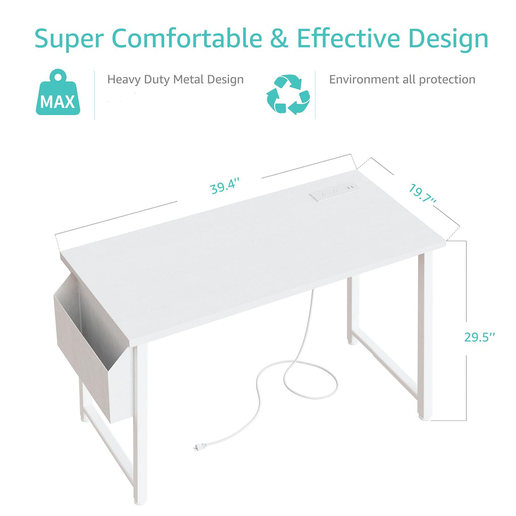 White 40 inch Computer Desk with Power Outlet and Storage Pocket X61234