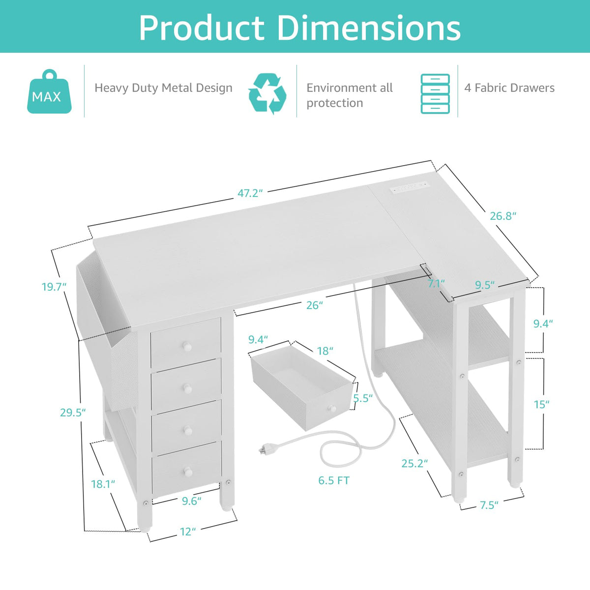 White L Shaped Computer Desk with Drawers and Storage Shelves, 47 Inch Reversible Corner Desk with Power Outlet K77526