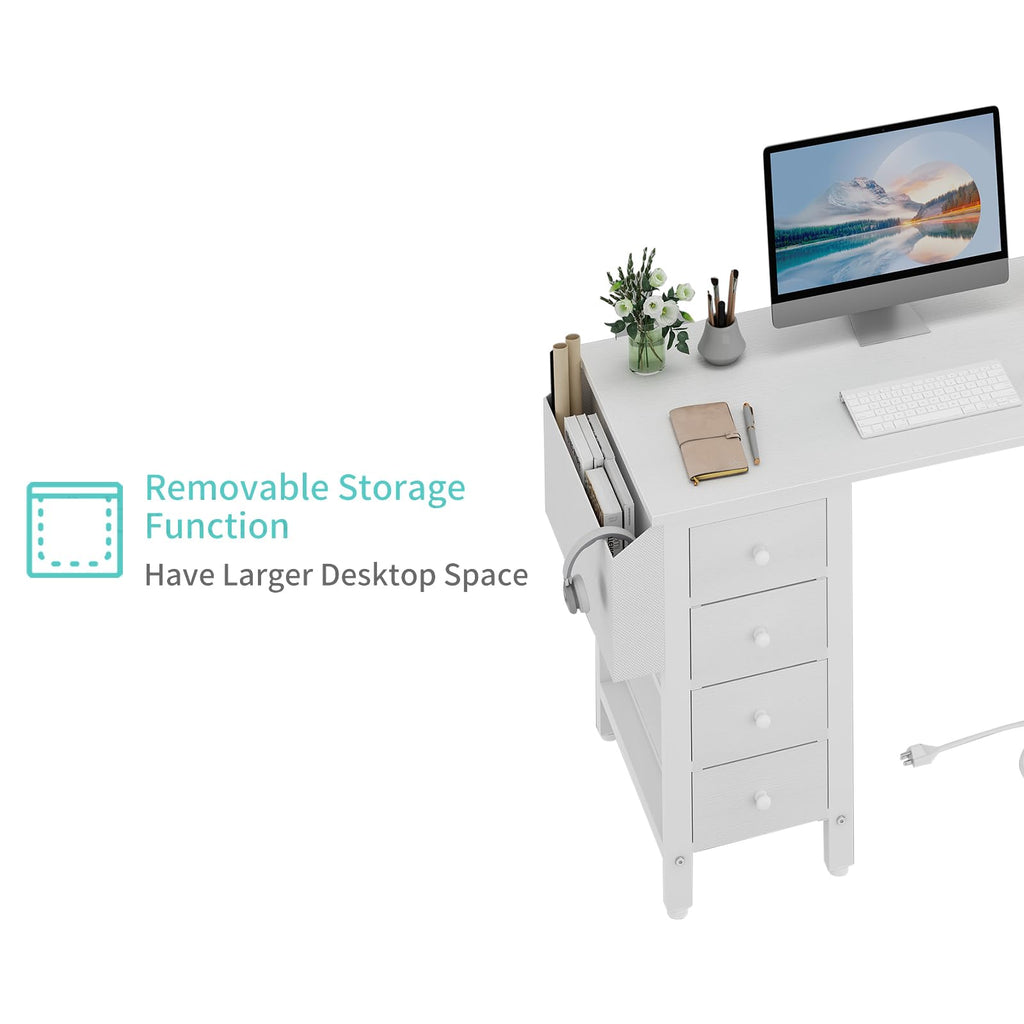 White L Shaped Computer Desk with Drawers and Storage Shelves, 47 Inch Reversible Corner Desk with Power Outlet K77526