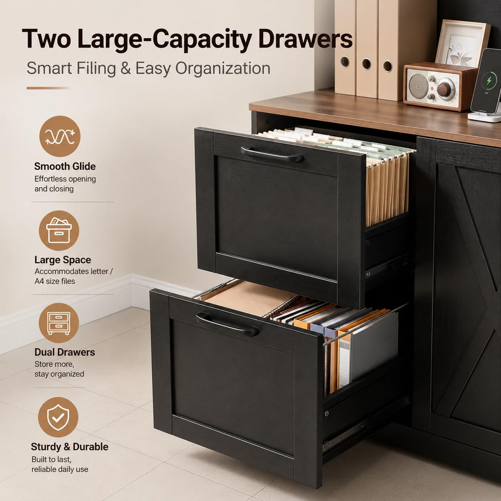 72'' Tall Black Bookshelf with Power Outlet, 2 Drawer File Cabinet, 3-Tier Shelves R35829
