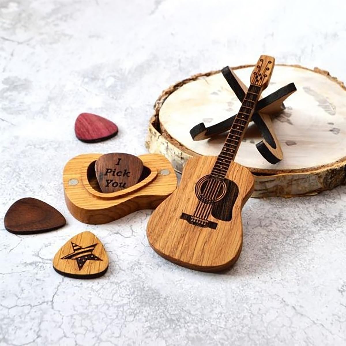 Wooden Guitar Pick Box with Stand 3PCS U8486