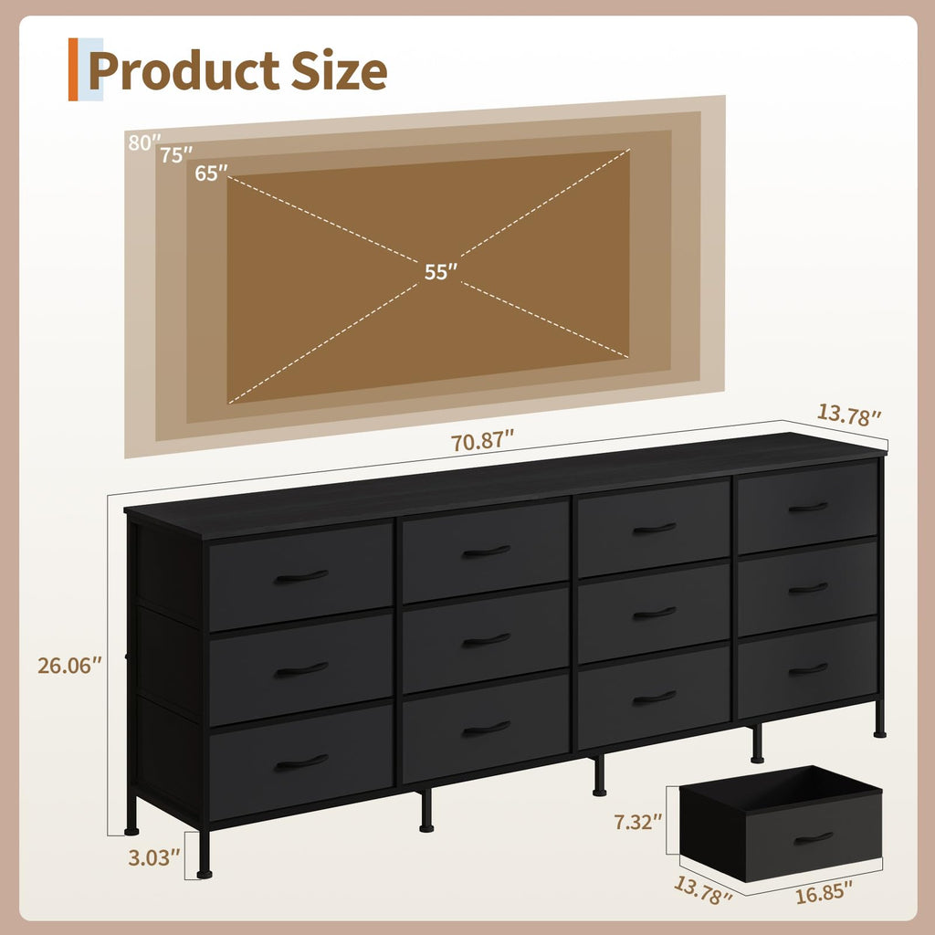 Black 12 Fabric Drawer Dresser with Charging Station G64444