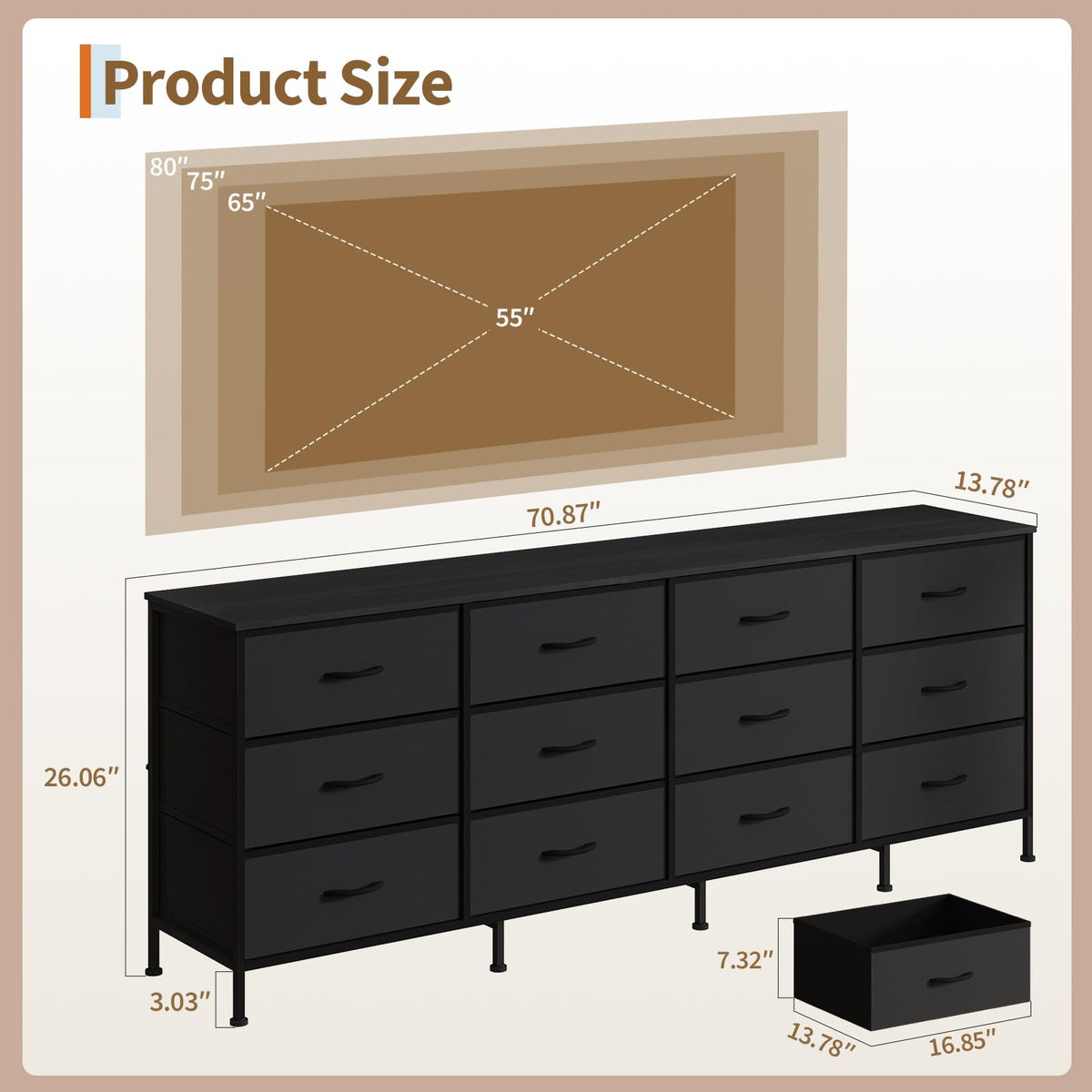 Black 12 Fabric Drawer Dresser with Charging Station G64444
