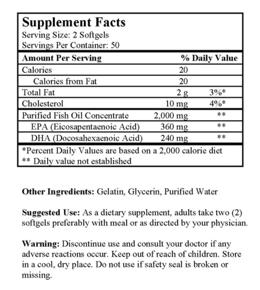 Omega 3 Fish Oil 1000mg 100 Softgels Y84912