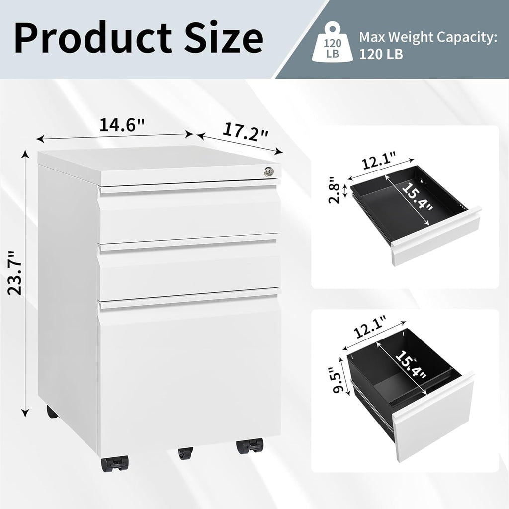 3 Drawer Locking File Cabinet Matte White F880