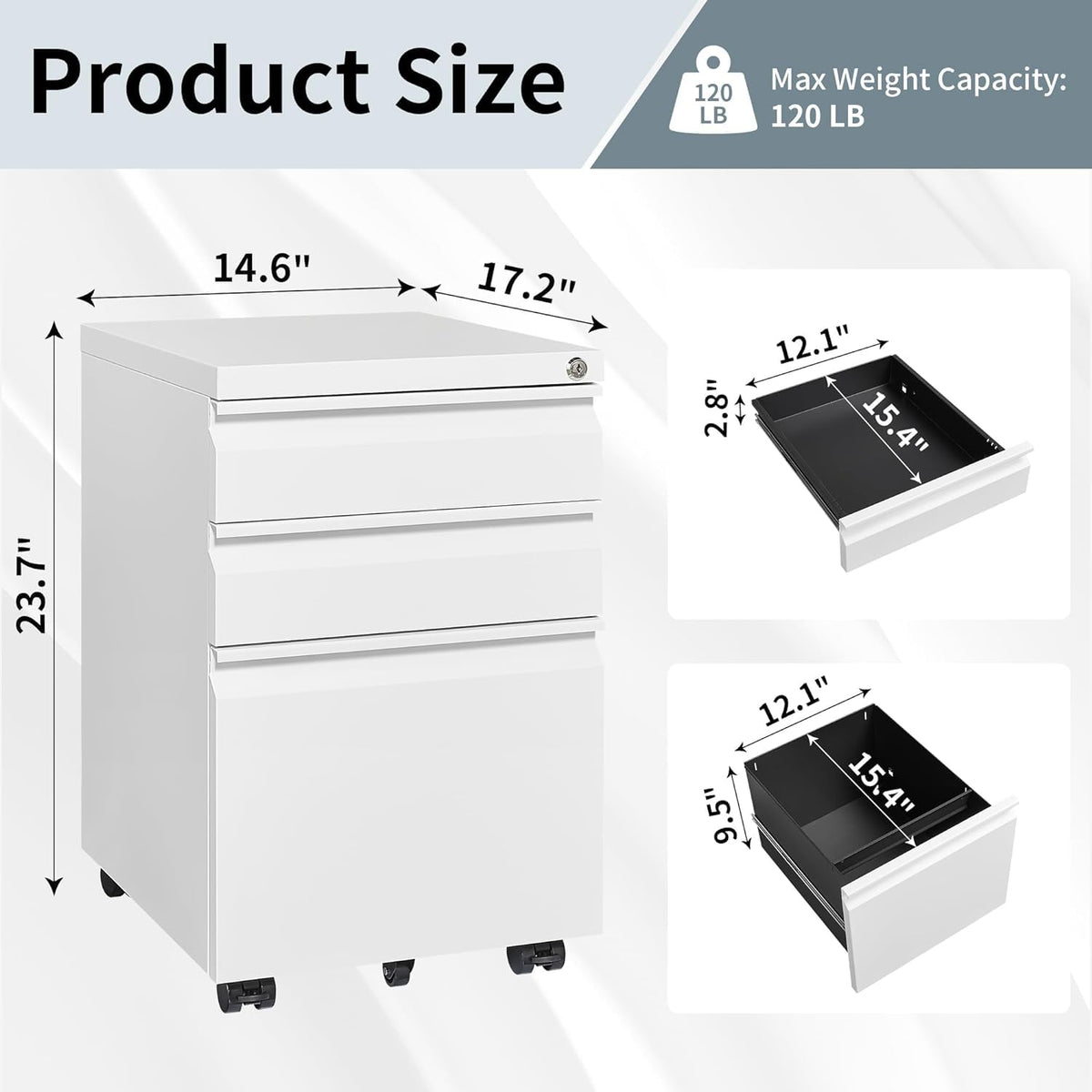 3 Drawer Locking File Cabinet Matte White F880