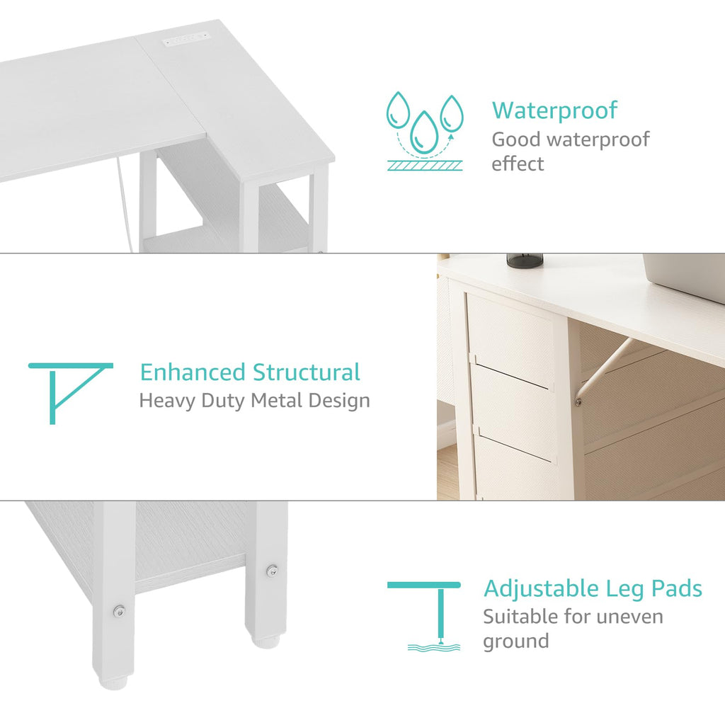 White L Shaped Computer Desk with Drawers and Storage Shelves, 47 Inch Reversible Corner Desk with Power Outlet K77526