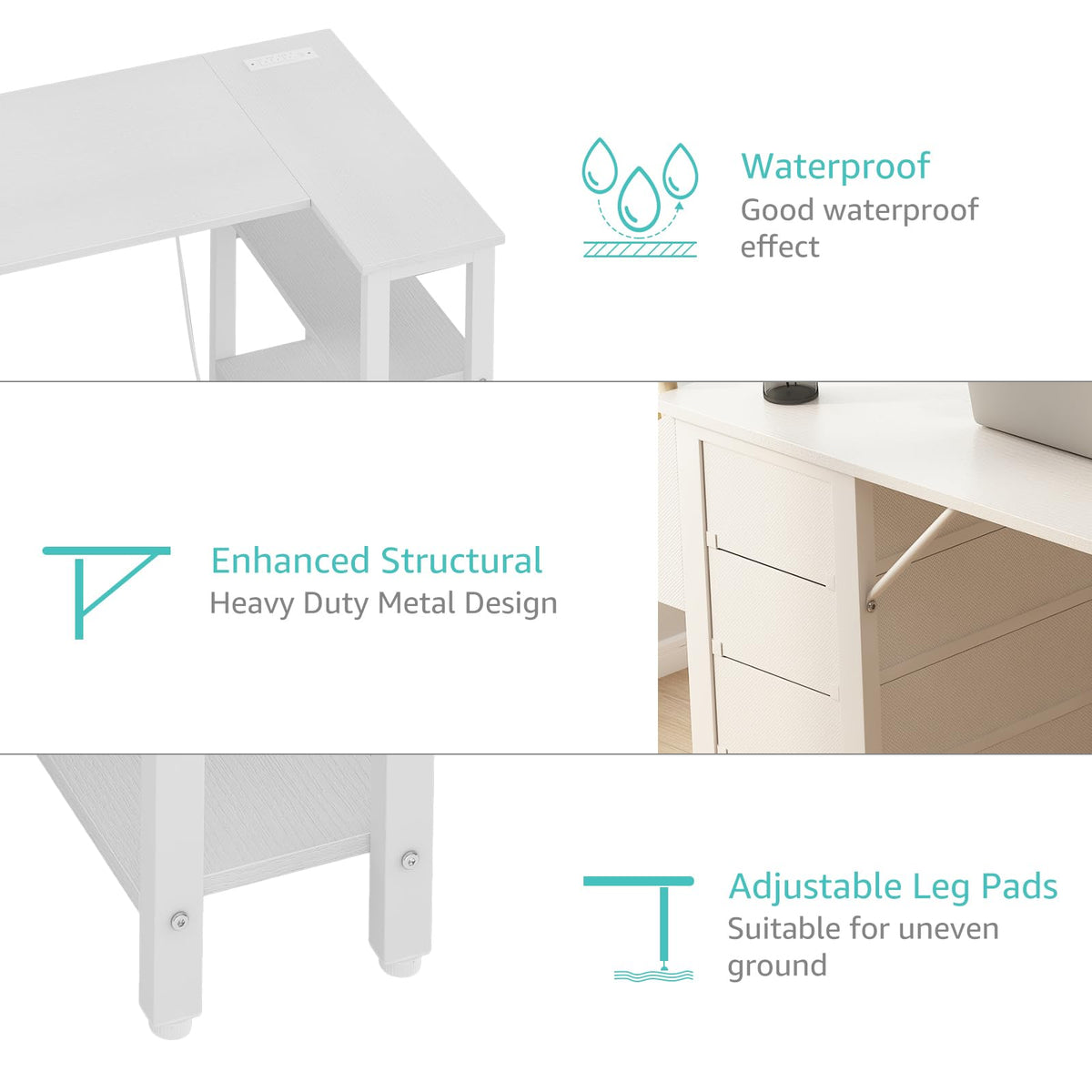 White L Shaped Computer Desk with Drawers and Storage Shelves, 47 Inch Reversible Corner Desk with Power Outlet K77526