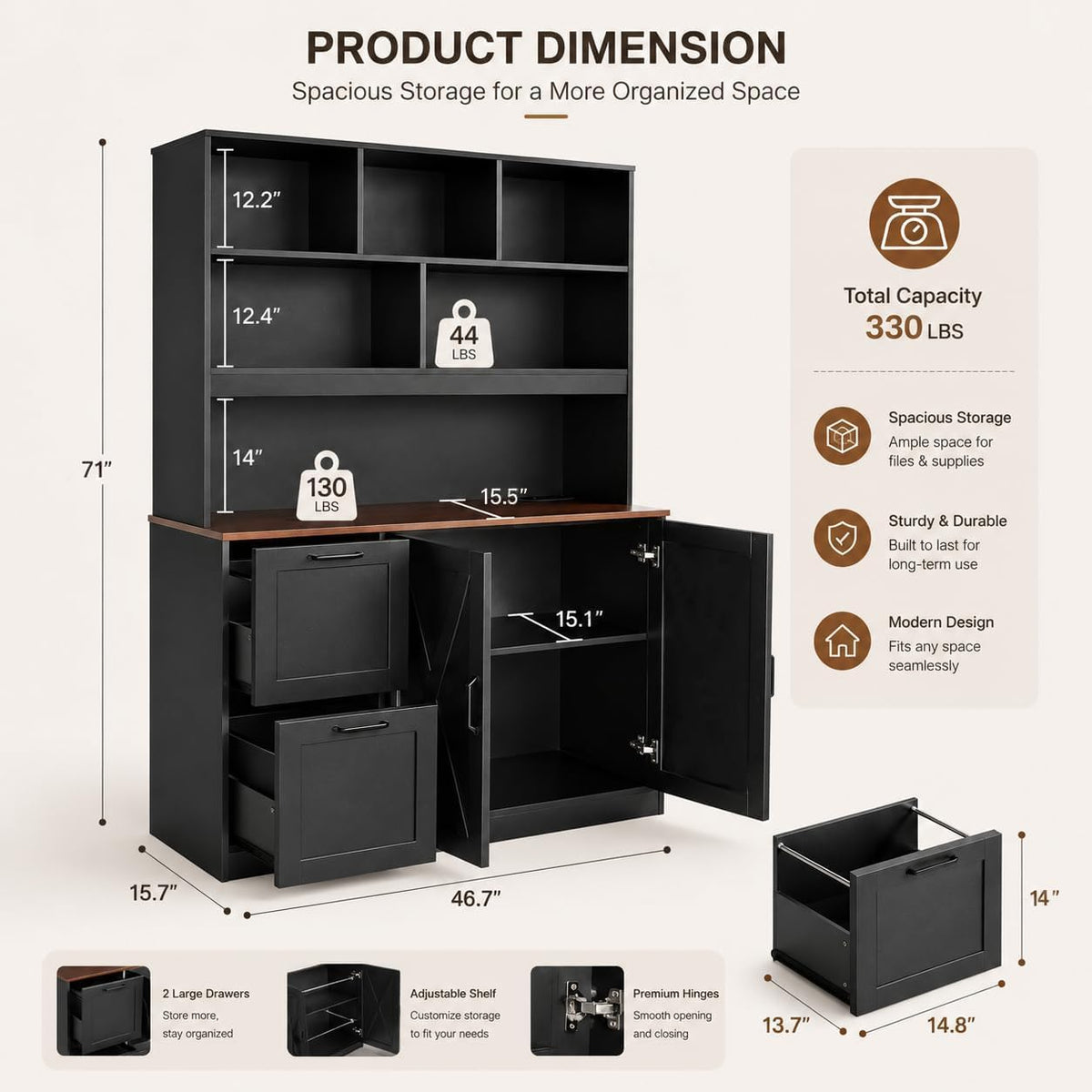 72'' Tall Black Bookshelf with Power Outlet, 2 Drawer File Cabinet, 3-Tier Shelves R35829