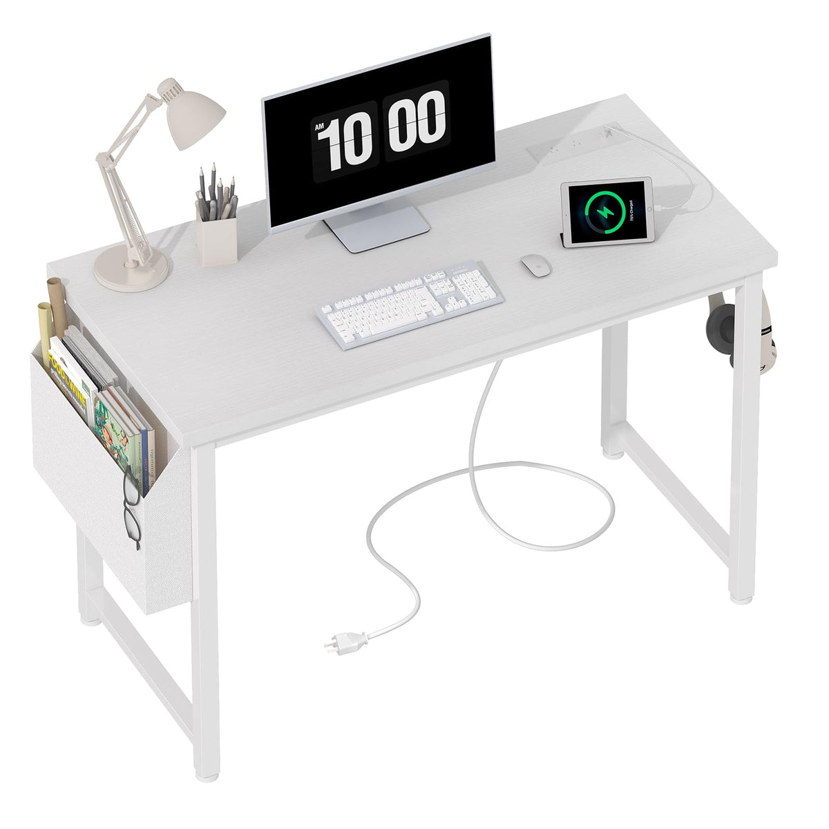White 40 inch Computer Desk with Power Outlet and Storage Pocket X61234