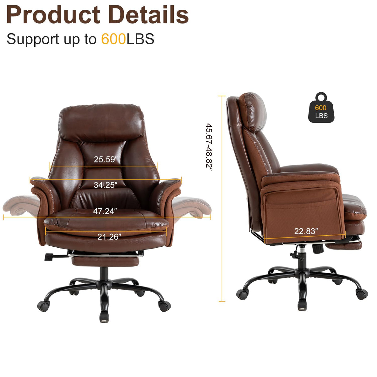 600lbs Big and Tall Brown Leather Office Chair with Footrest J527106