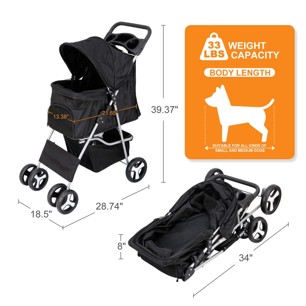 4 Wheels Foldable Pet Stroller with Storage Basket and Cup Holder B56887