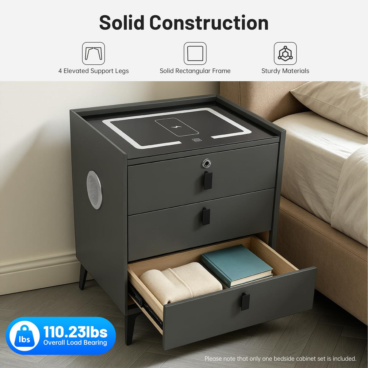 Smart LED Nightstand with Wireless Charging and Fingerprint Lock B52504