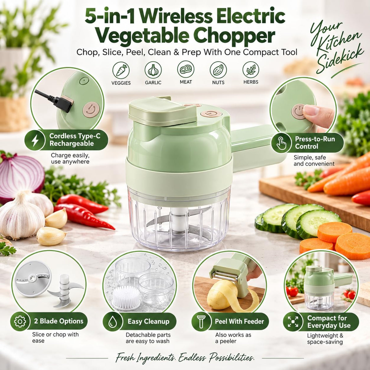 5-in-1 Wireless Electric Vegetable Chopper H19447