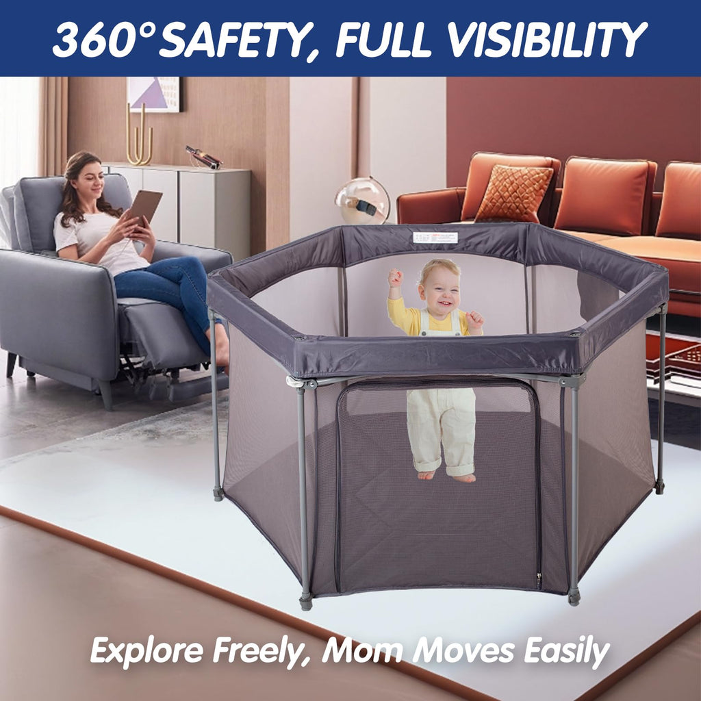 Baby Playpen 53x53 Inch Portable Play Yard with Breathable Mesh Walls Grey I554