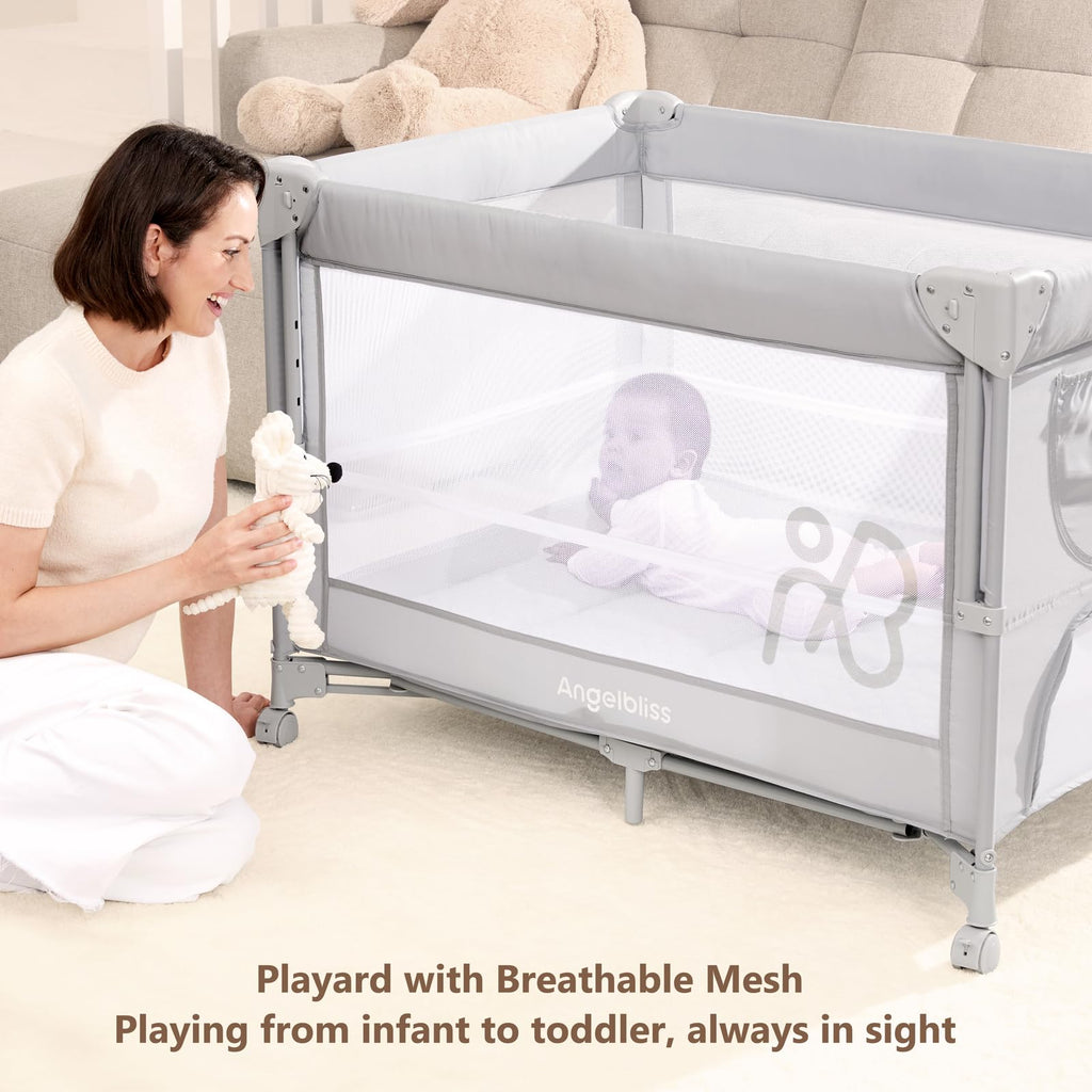 Pack and Play, Baby Bassinet Bedside Crib with Changer, Grey Y464