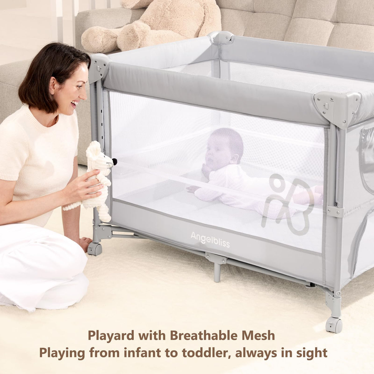 Pack and Play, Baby Bassinet Bedside Crib with Changer, Grey Y464