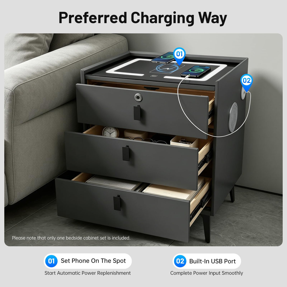 Smart LED Nightstand with Wireless Charging and Fingerprint Lock B52504