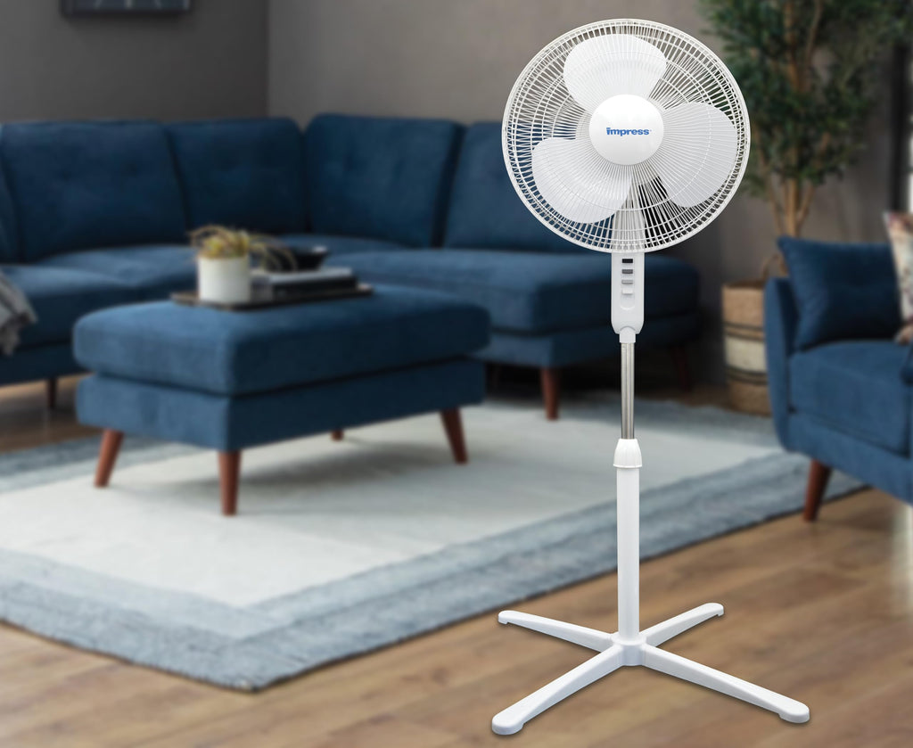 16-Inch Oscillating Stand Fan, 3-Speeds, Adjustable Height, White D1285