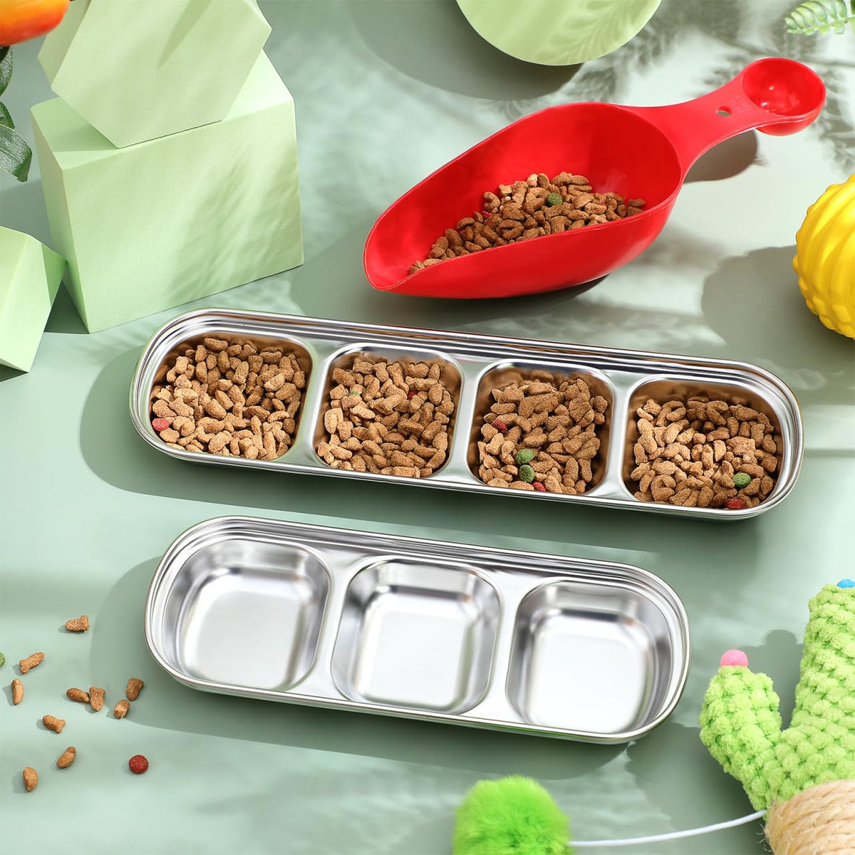 2pcs Stainless Steel Compartment Pet Food Bowls E62803