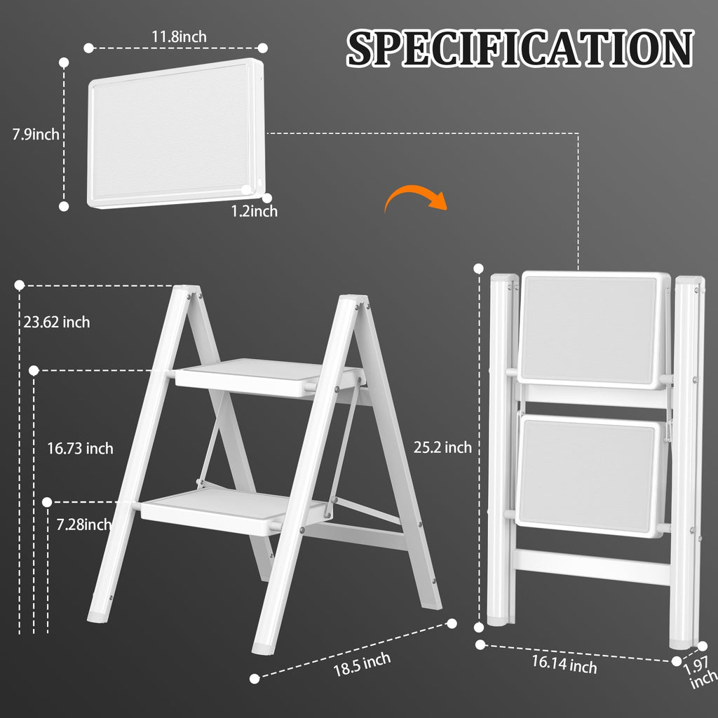 2 Step Folding Steel Ladder 330lbs Capacity White S5814