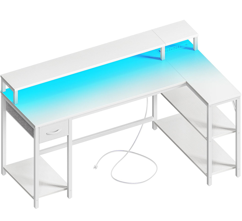 53 inch Reversible L Shaped Desk with LED Lights & Power Outlets G841