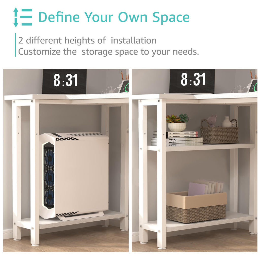White L Shaped Computer Desk with Drawers and Storage Shelves, 47 Inch Reversible Corner Desk with Power Outlet K77526