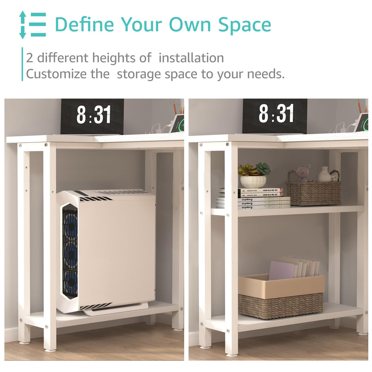White L Shaped Computer Desk with Drawers and Storage Shelves, 47 Inch Reversible Corner Desk with Power Outlet K77526