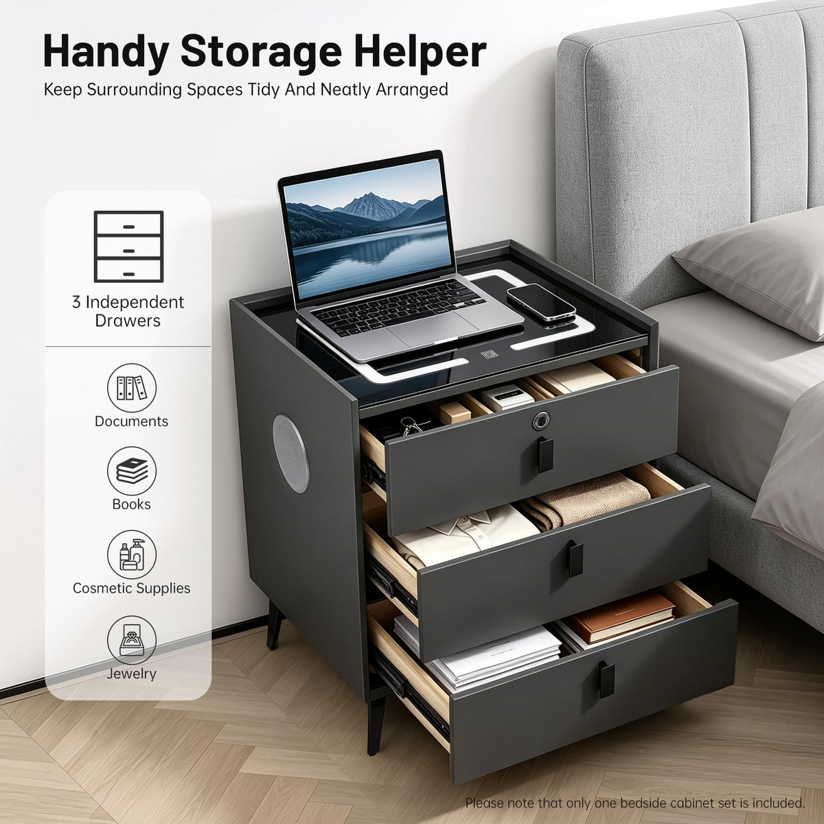 Smart LED Nightstand with Wireless Charging and Fingerprint Lock B52504