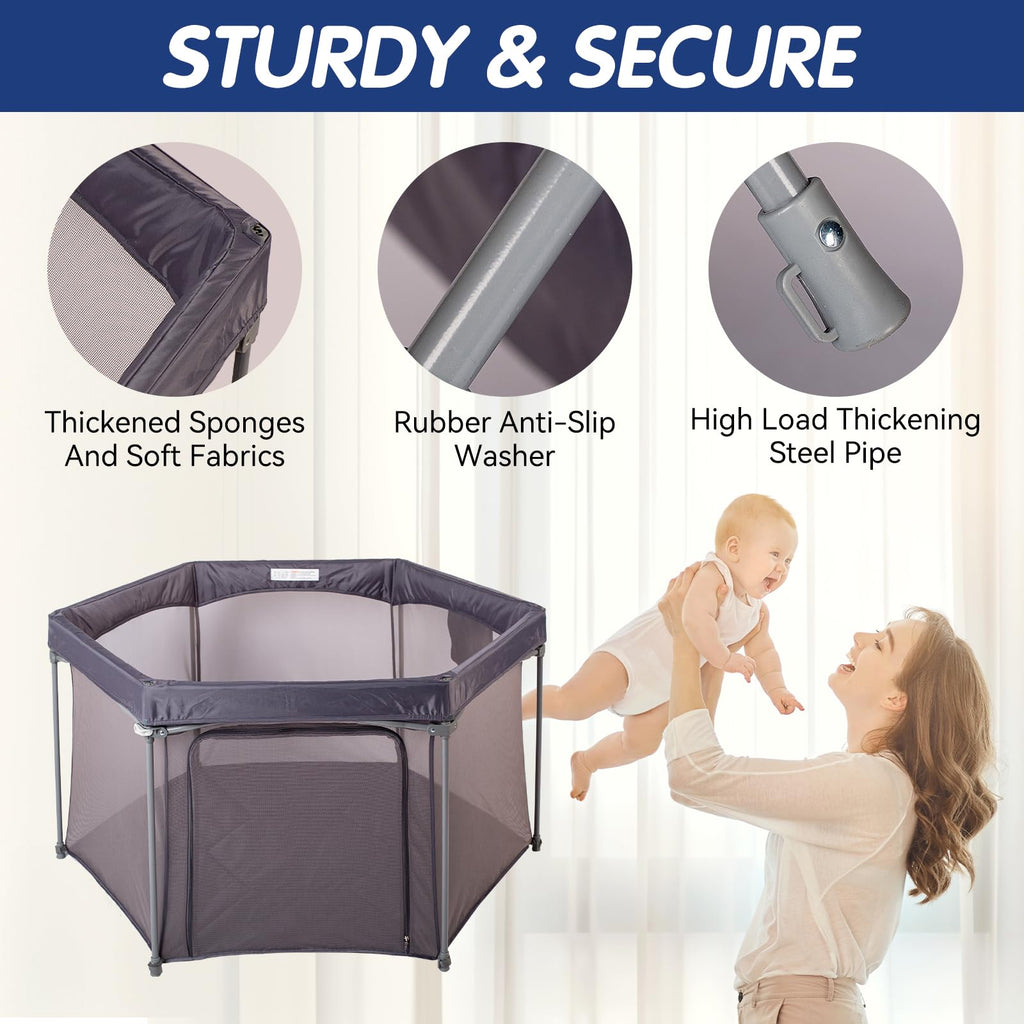 Baby Playpen 53x53 Inch Portable Play Yard with Breathable Mesh Walls Grey I554