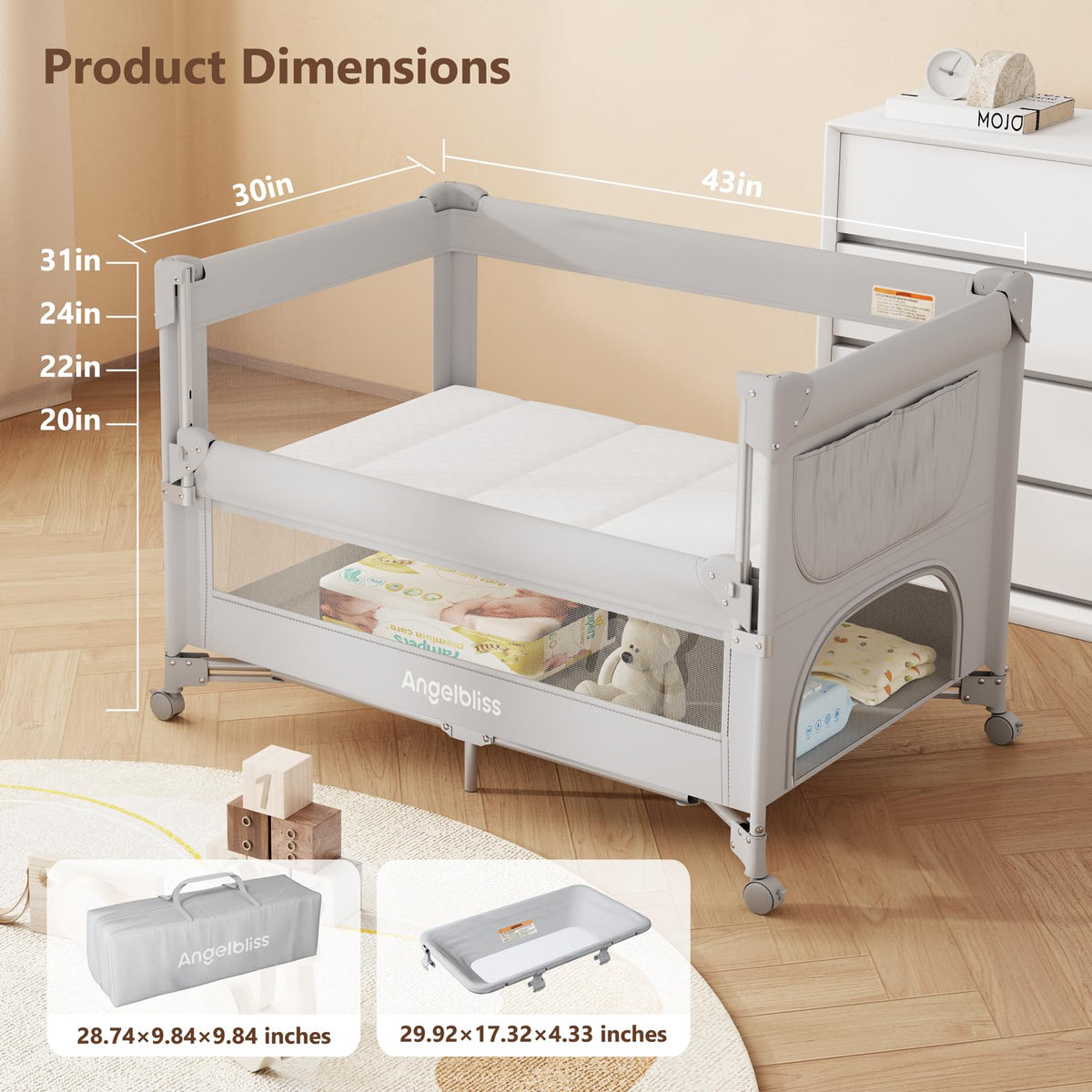 Pack and Play, Baby Bassinet Bedside Crib with Changer, Grey Y464