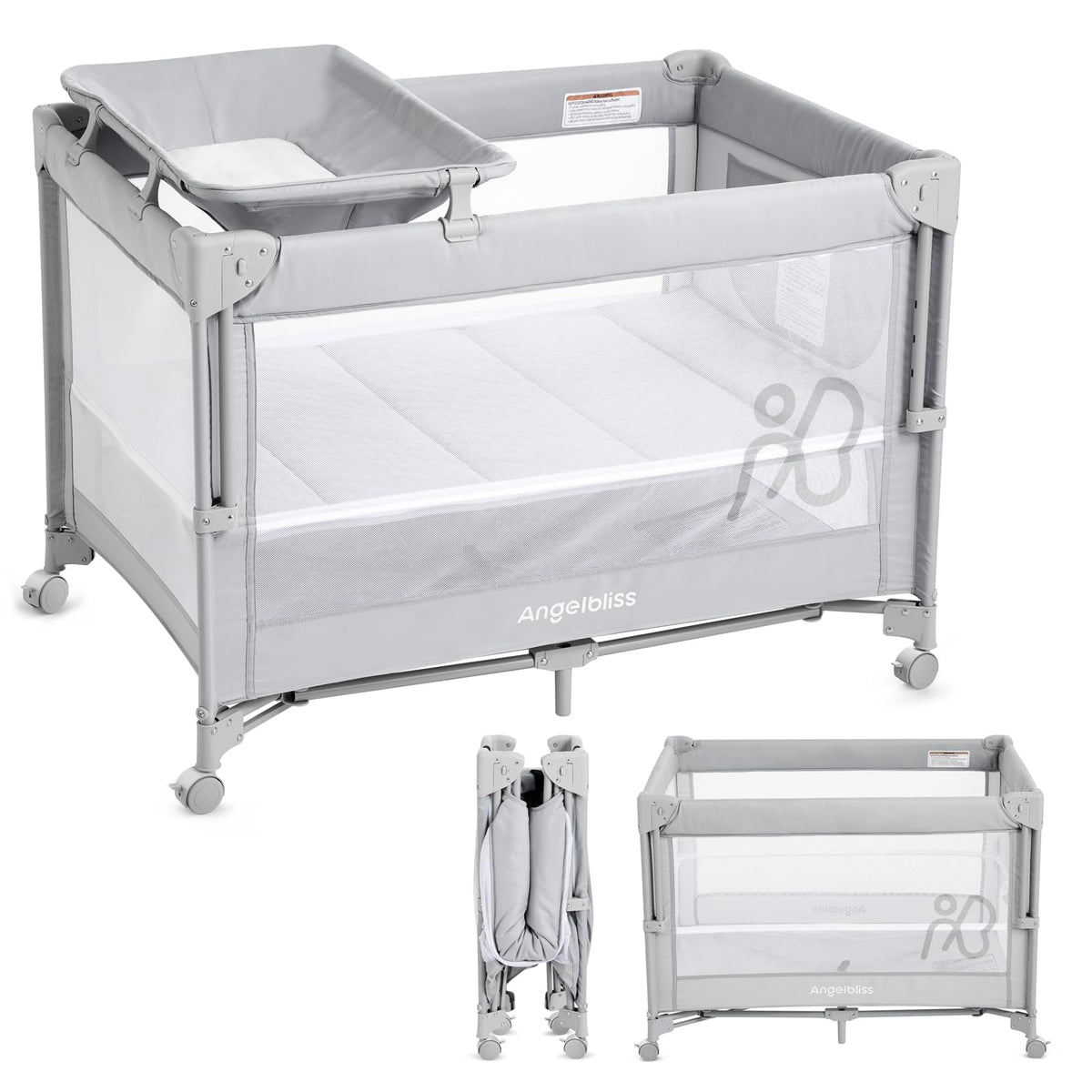 Pack and Play, Baby Bassinet Bedside Crib with Changer, Grey Y464