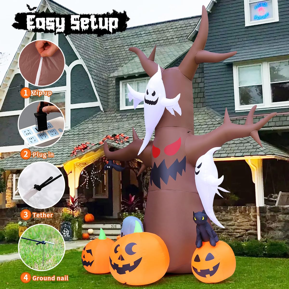 12 FT Halloween Inflatable Tree with Pumpkin Ghost Tombstone Built-in LEDs T64304