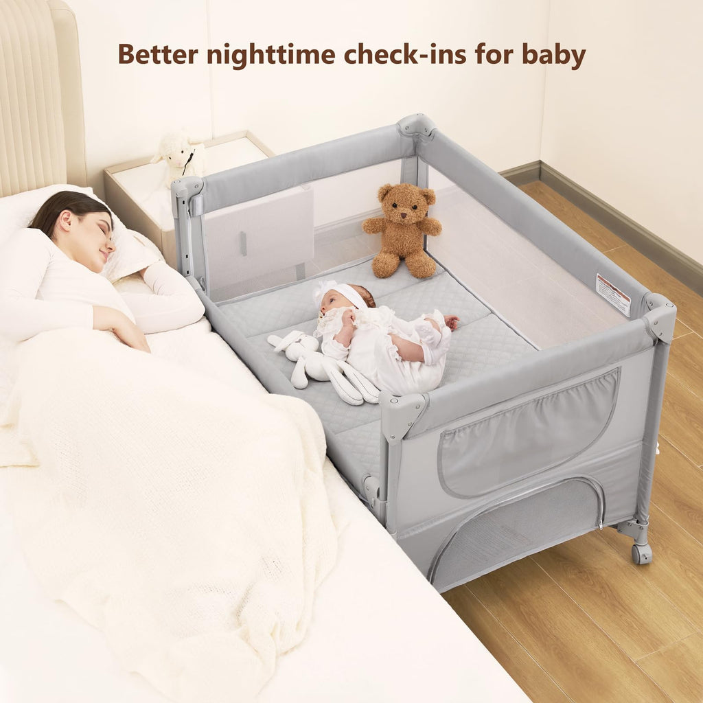 Pack and Play, Baby Bassinet Bedside Crib with Changer, Grey Y464