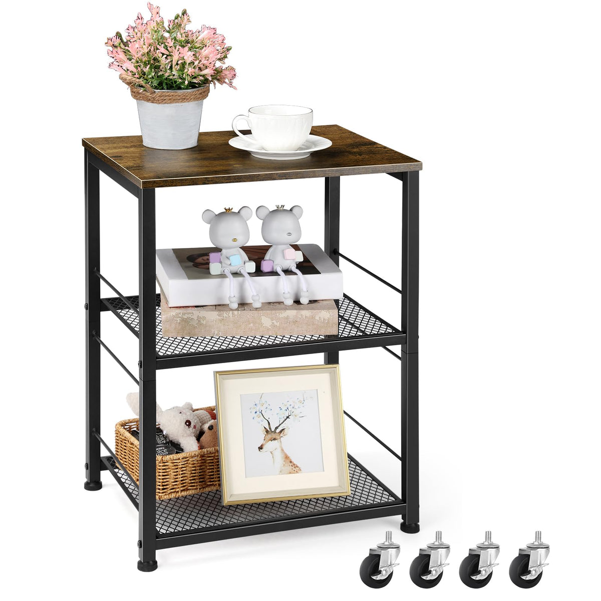 Small 3 Tier Wood Side Table with Metal Frame P84741