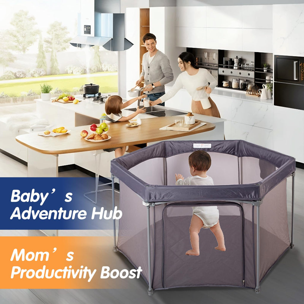 Baby Playpen 53x53 Inch Portable Play Yard with Breathable Mesh Walls Grey I554