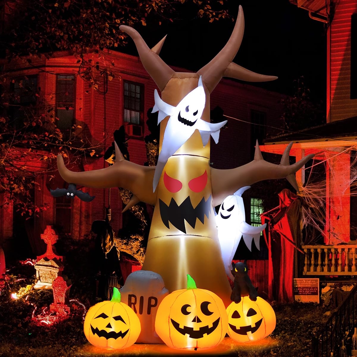 12 FT Halloween Inflatable Tree with Pumpkin Ghost Tombstone Built-in LEDs T64304