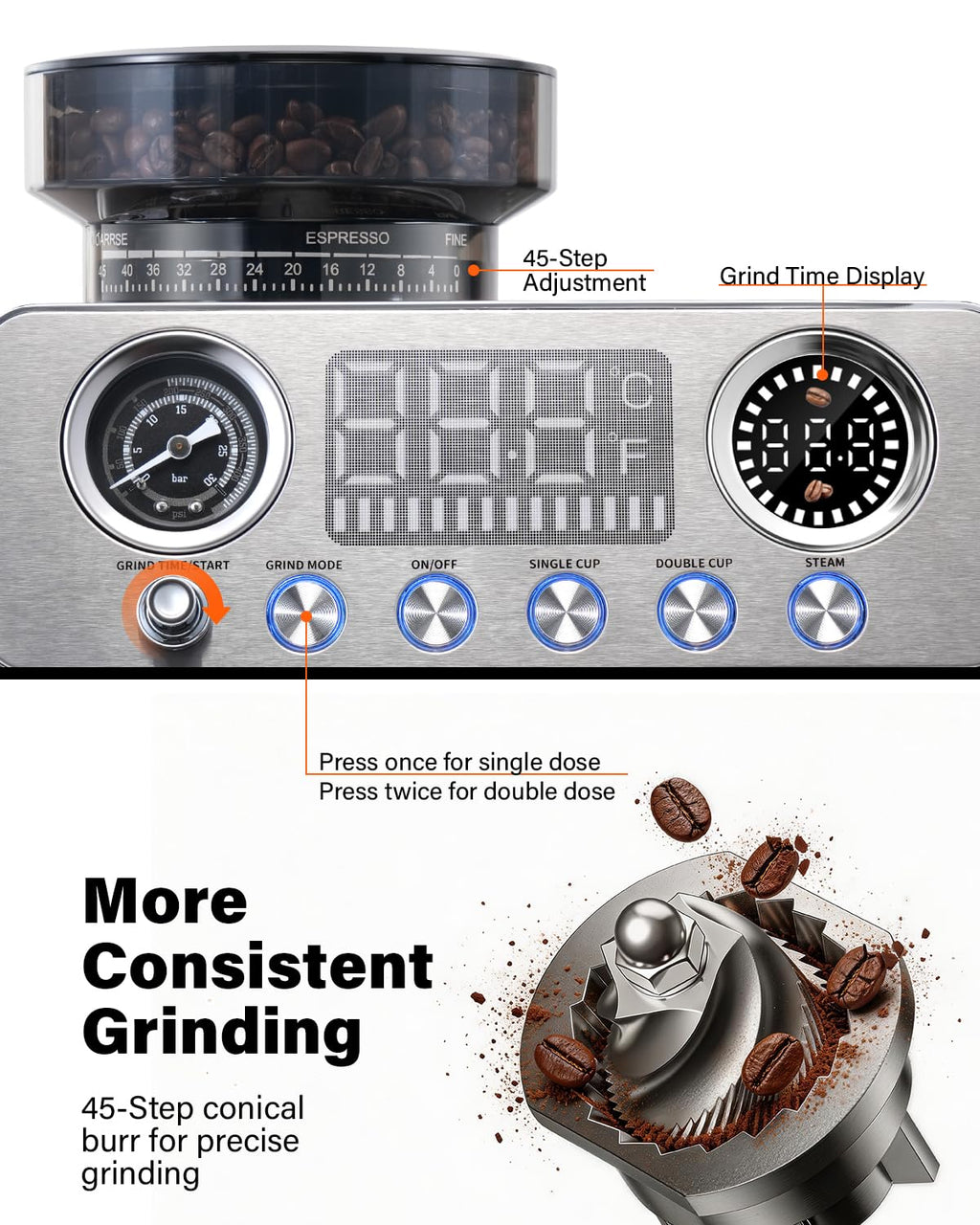 20 Bar Espresso Machine with Built-In Grinder L523881