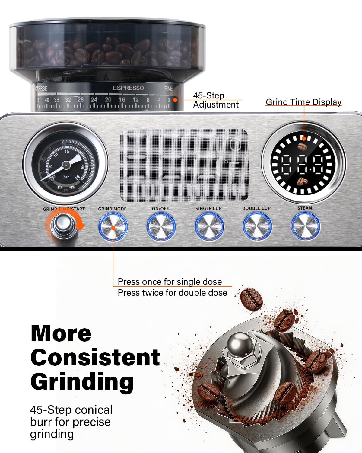 20 Bar Espresso Machine with Built-In Grinder L523881