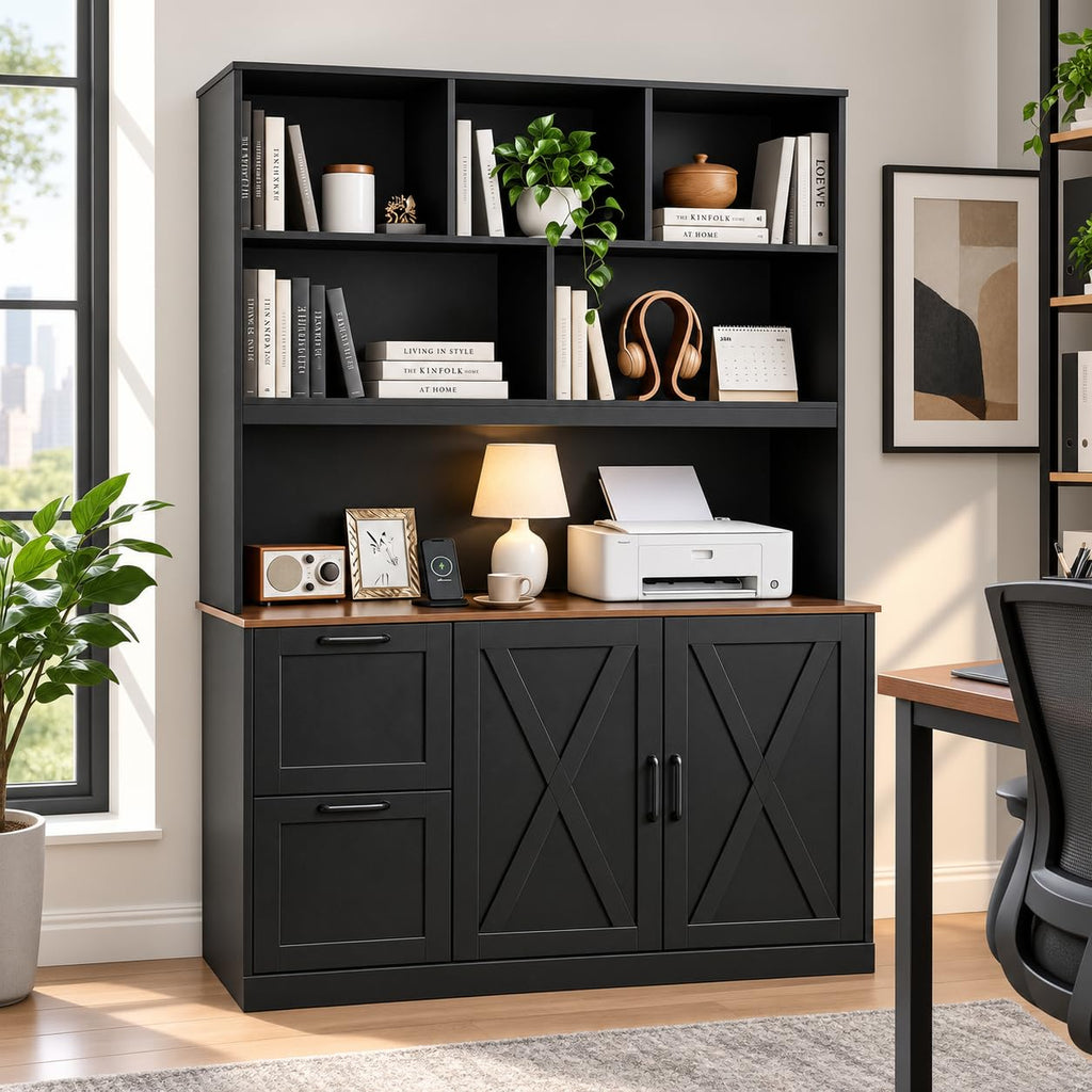 72'' Tall Black Bookshelf with Power Outlet, 2 Drawer File Cabinet, 3-Tier Shelves R35829