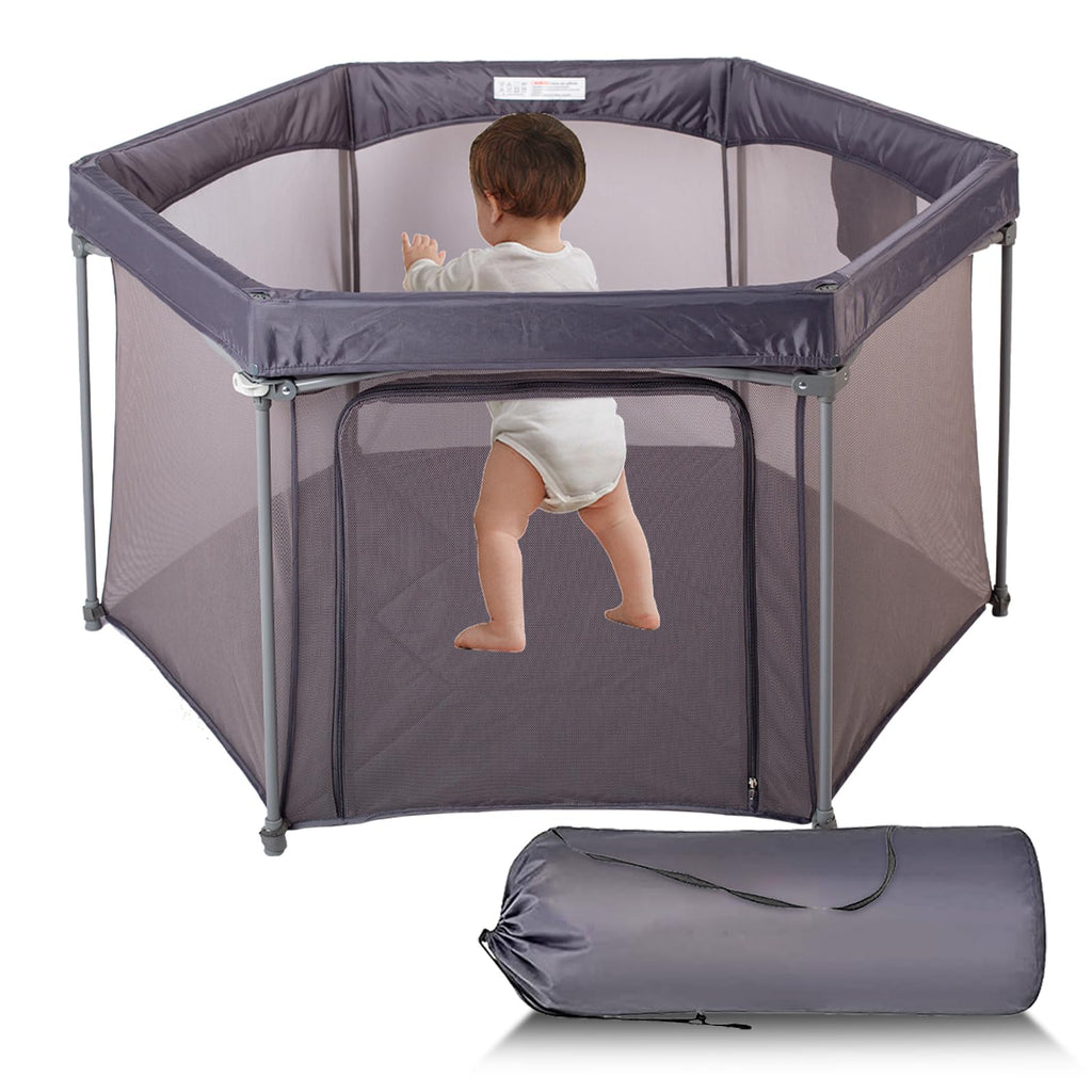 Baby Playpen 53x53 Inch Portable Play Yard with Breathable Mesh Walls Grey I554