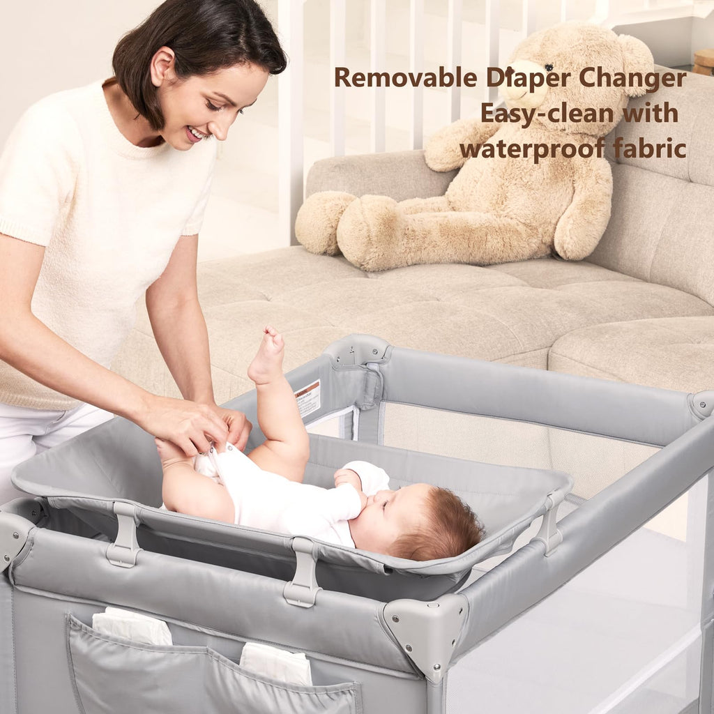 Pack and Play, Baby Bassinet Bedside Crib with Changer, Grey Y464