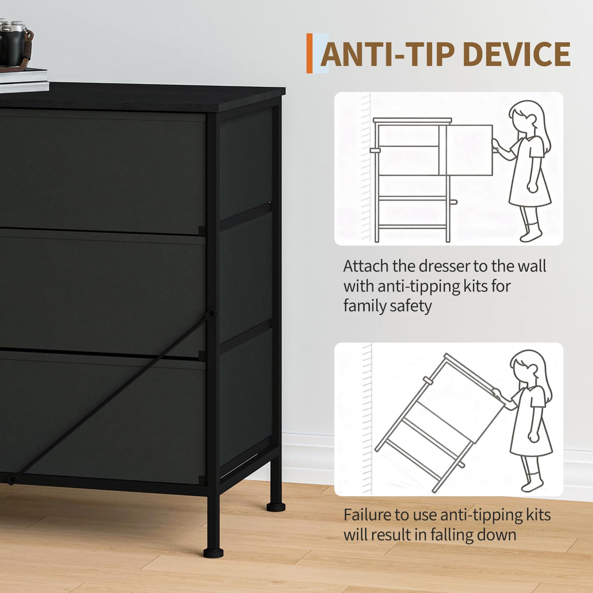 Black 12 Fabric Drawer Dresser with Charging Station G64444