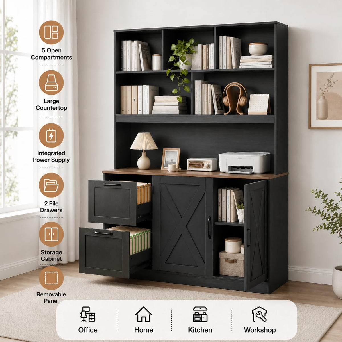 72'' Tall Black Bookshelf with Power Outlet, 2 Drawer File Cabinet, 3-Tier Shelves R35829