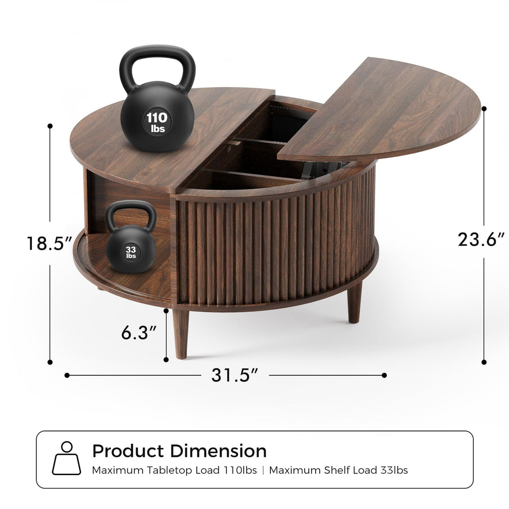 Lift Top Coffee Table with Storage, Fluted Round Center Table with Sliding Cabinet Door, Walnut M41356