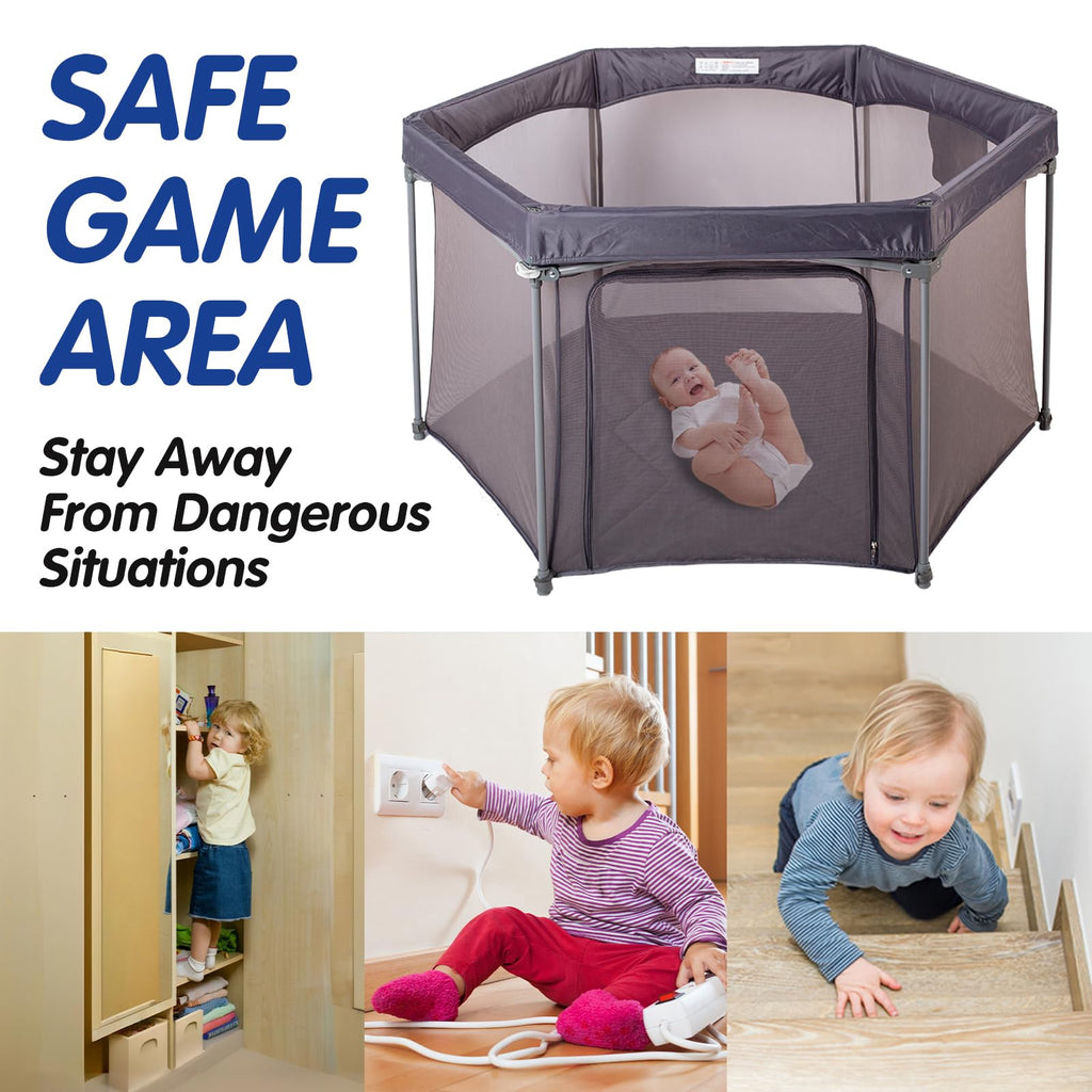 Baby Playpen 53x53 Inch Portable Play Yard with Breathable Mesh Walls Grey I554