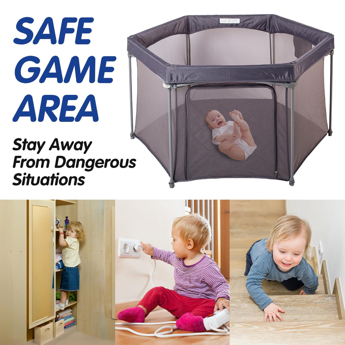 Baby Playpen 53x53 Inch Portable Play Yard with Breathable Mesh Walls Grey I554